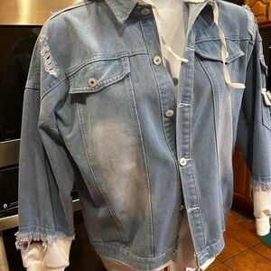 Hunter x Hunter Gon Freecss Distressed Hooded Denim Jacket Light Wash Blue White